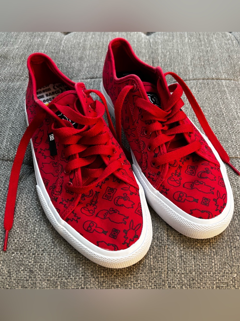 DC Red Sneakers with Black Playful Print men’s 8 women 9.5 low top fun style